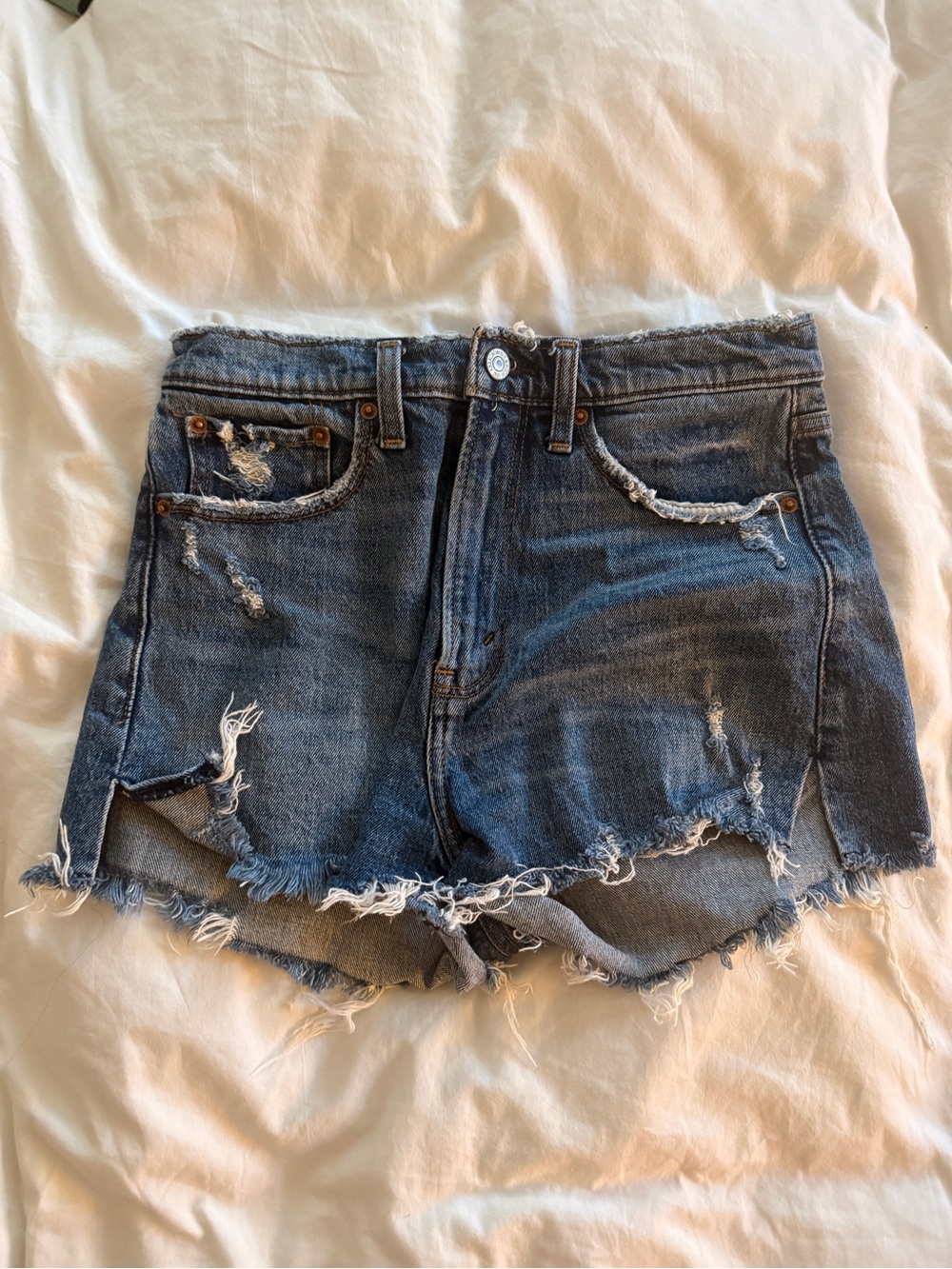 Abercrombie High-Rise Distressed Denim Shorts - Blue